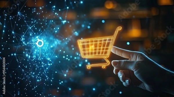 Fototapeta E-Commerce Concept: Human Hand Pointing at a Shopping Cart Icon for Online Purchase, Representing Convenient and Modern Retail Solutions