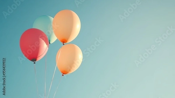 Fototapeta Three colorful balloons float in a bright blue sky.