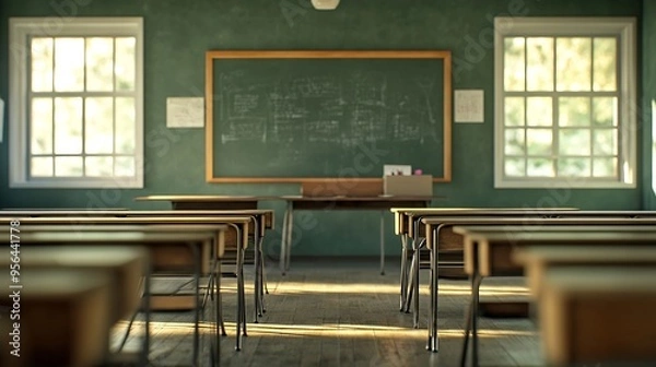 Obraz Empty classroom with desks chairs and chalkboard : Generative AI