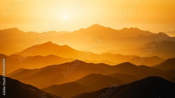 Fototapeta Silhouettes of mountain layer during golden hour : Generative AI