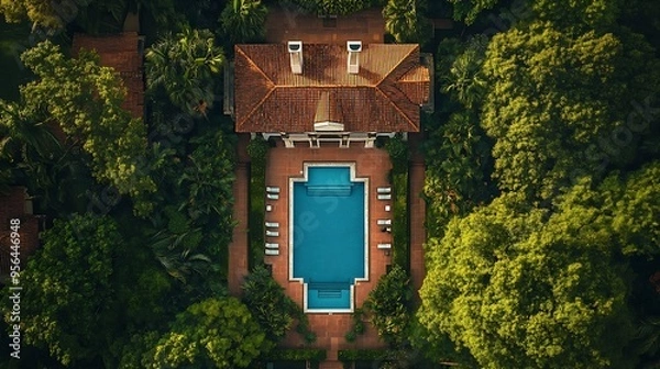Fototapeta Experience opulent living with this captivating aerial view of a luxurious house and meticulously designed garden showcasing exquisite landscape architecture and lush greenery : Generative AI