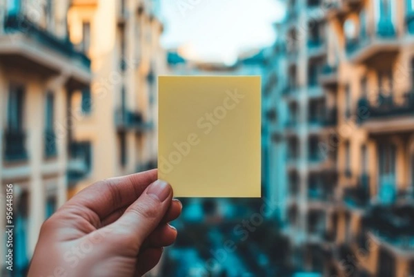 Fototapeta closeup of a hand holding post it with luxury appartment background 