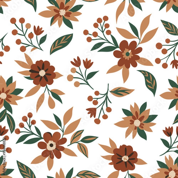 Fototapeta Vibrant seamless floral pattern with orange flowers and leaves, a vector illustration of nature's spring design
