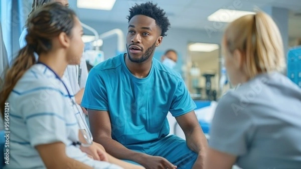 Obraz Healthcare professionals discussing patient care in a hospital, focusing on collaboration and communication within the medical team.