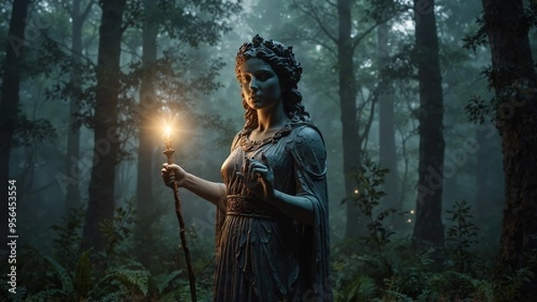 Fototapeta A statue of Circe standing in a forest filled with ethereal light, holding a magic wand, with a misty, mysterious atmosphere in the background.