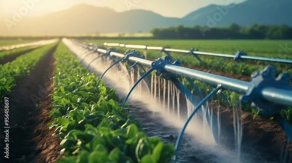 Fototapeta A close-up of a water-efficient irrigation system in an agricultural field, promoting sustainable water use in farming practices.