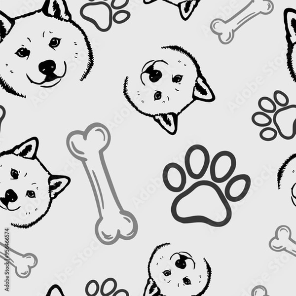 Fototapeta Seamless vector pattern with cute draw fluffy Japanese Akita Inu dogs and dog food., paws. Simple doodle style.