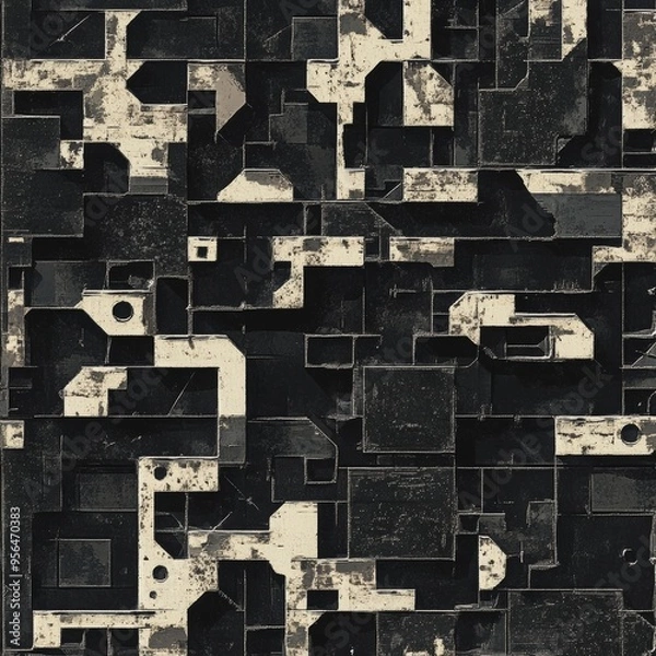 Obraz Industrial Mosaic: A dark and gritty abstract background featuring a seamless pattern of distressed metallic shapes, evoking a sense of urban decay or futuristic technology. 