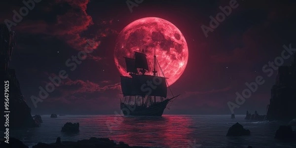 Obraz A ghost ship sailing under a blood-red moon 