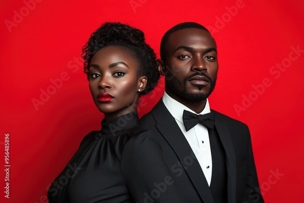 Fototapeta Elegant couple in formal attire on red backdrop.
