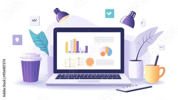 Fototapeta Infographic for freelance business showing tips and strategies for freelancers to thrive in a competitive market, modern design with creative elements like notebooks, laptops, and coffee cups