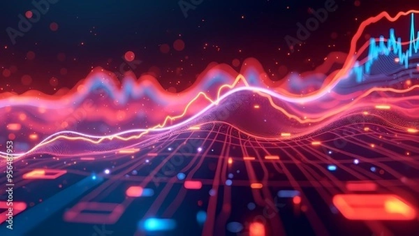 Fototapeta Bright Neon Patterns Forming Financial Data Visualization