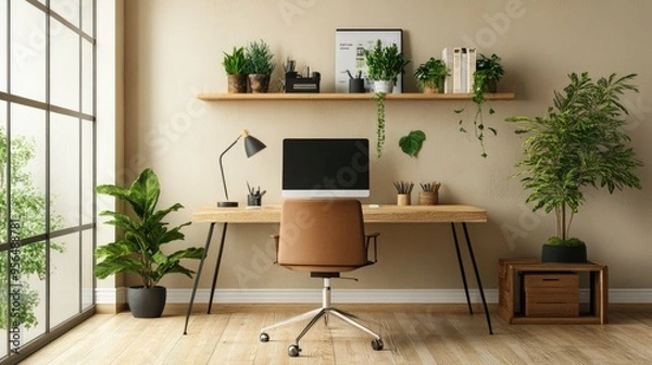 Fototapeta A modern home office with a wooden desk, a comfortable chair, and a large window.