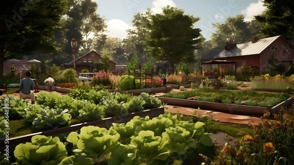 Fototapeta A scenic shot of a community garden where residents grow their own organic produce, emphasizing sustainable and local food sources.