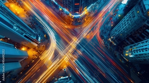 Fototapeta a timelapse of a busy urban intersection with people and vehicles moving in all directions, a sense of the constant motion and energy of city life