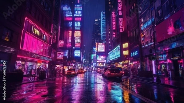 Fototapeta A city street at night, illuminated by bright neon signs and reflections in the wet pavement after a rain shower.