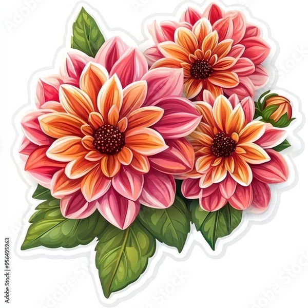 Obraz A vibrant bouquet of pink and orange flowers with lush green leaves, perfect for adding color and charm to any design.