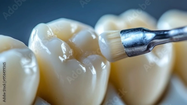 Fototapeta Macro close up photography showcasing the fine details of a dental brush applying sealant to the surface of a tooth