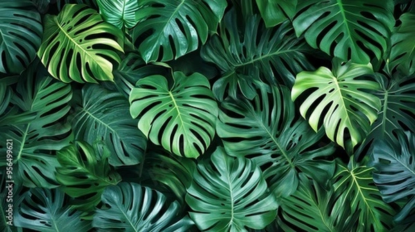 Fototapeta A vibrant close-up of lush green monstera leaves, creating a tropical and natural background.