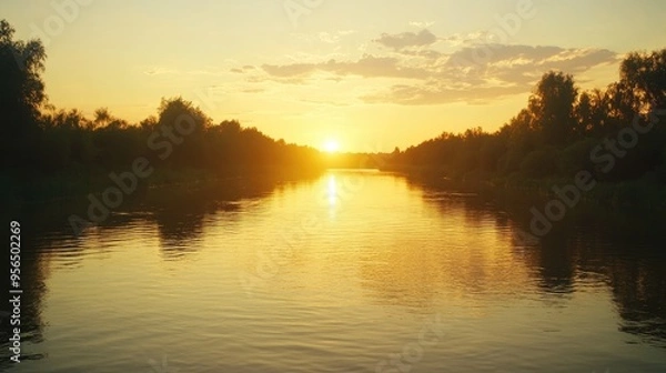 Fototapeta A serene sunset over a calm river, with the golden light reflecting on the water's surface.