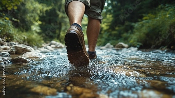 Fototapeta Male hiker crossing the stream barefooted walking by the creek with his shoes in hand adventure travel hiking trail forest : Generative AI