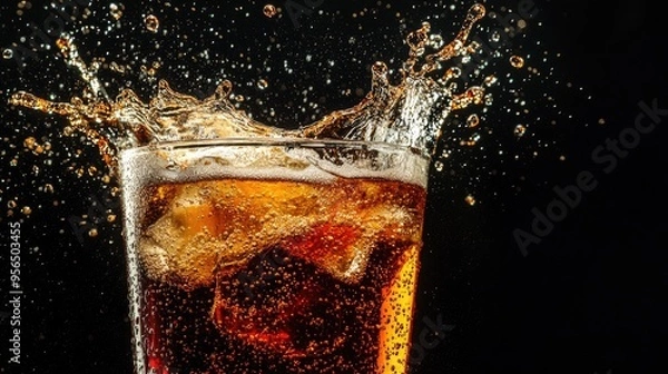 Fototapeta Close up of a glass of cola with ice and bubbles exploding on a black background.