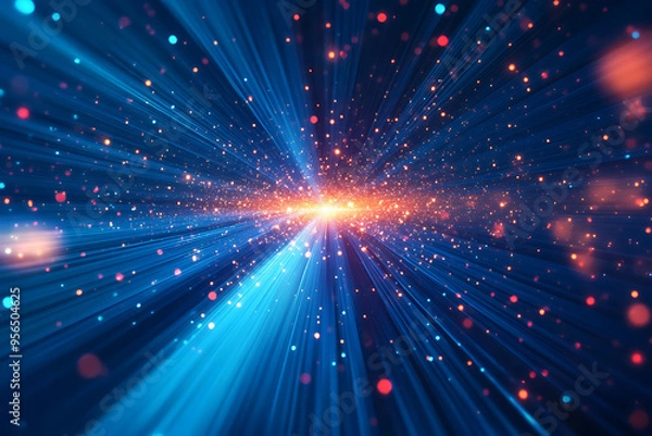 Fototapeta Dynamic abstract image of vibrant light trails and colorful particles converging towards a bright center, symbolizing speed and energy