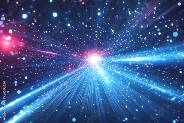 Fototapeta Dynamic abstract image of vibrant light trails and colorful particles converging towards a bright center, symbolizing speed and energy