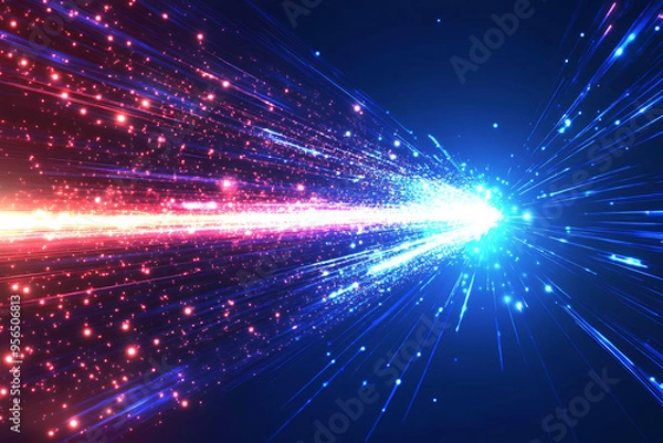 Fototapeta Dynamic abstract image of vibrant light trails and colorful particles converging towards a bright center, symbolizing speed and energy