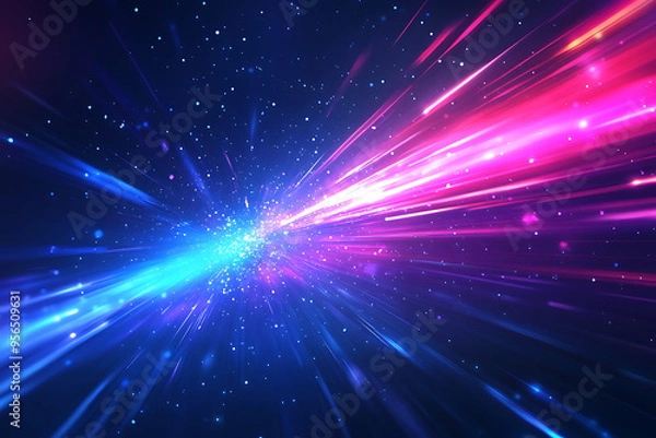 Obraz Dynamic abstract image of vibrant light trails and colorful particles converging towards a bright center, symbolizing speed and energy