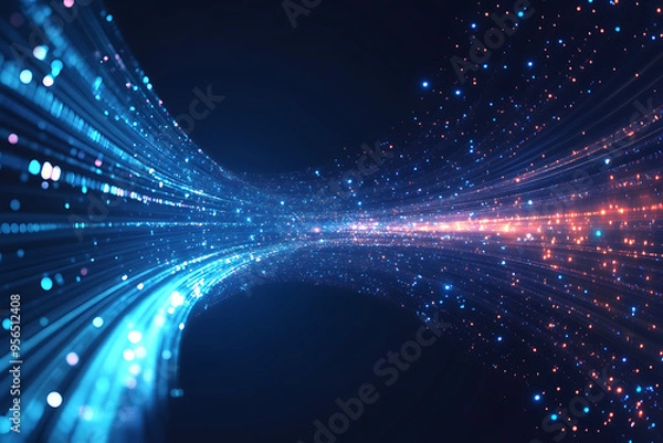 Fototapeta Dynamic abstract image of vibrant light trails and colorful particles converging towards a bright center, symbolizing speed and energy