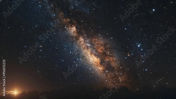 Fototapeta The Milky Way Galaxy With Bright Stars and a Sunset Below