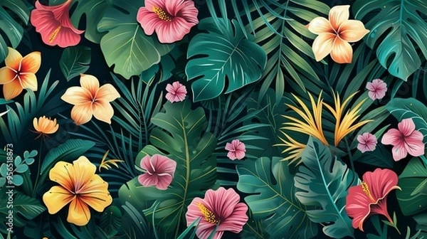 Fototapeta A Vivid Tropical Jungle Scene with Lush Foliage and Vibrant Flowers