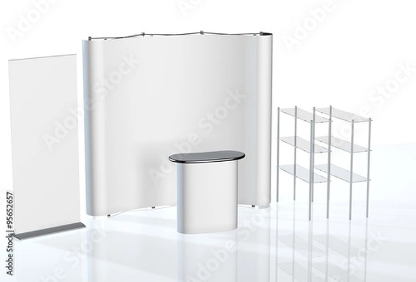 Fototapeta Trade exhibition stand, Exhibition Stand round, 3D rendering visualization of exhibition equipment, a set of stands, Advertising space on a white background, with space for text ads