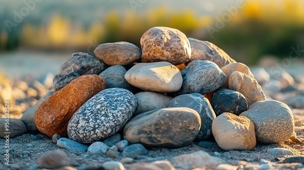 Fototapeta a pile of rocks sitting on bare ground The rocks are all different sizes and colors with some being round and smooth and others being angular and rough : Generative AI