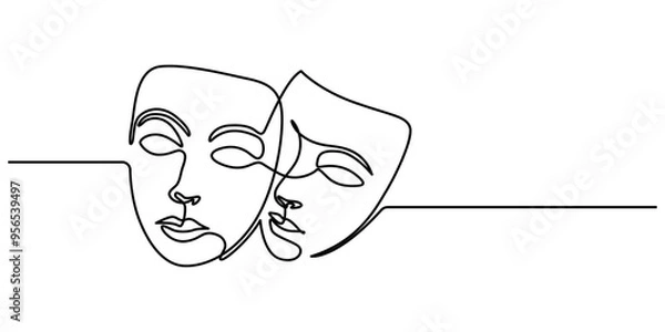 Obraz Theater mask one line drawing, opera event symbols continuous hand drawn, theater humor smile mask one line continuous line art, mask one line vector isolated design element, Theater Sign Line Icon