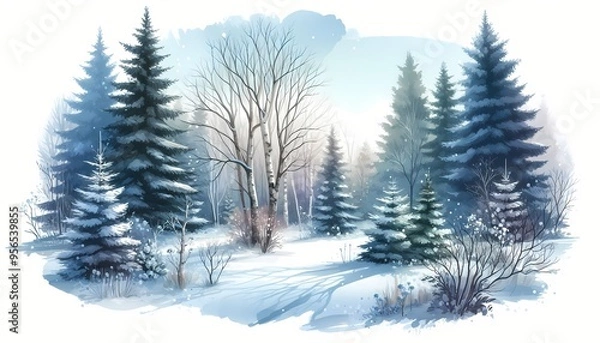 Obraz Illustration of a Snowy Winter Forest with Pine Trees and Bare Branches