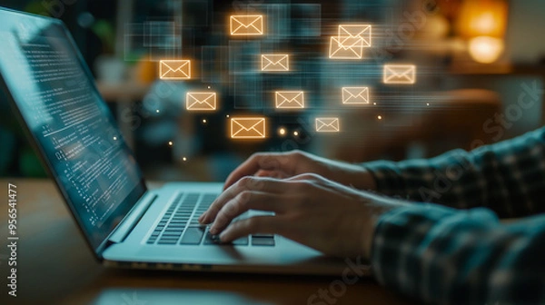 Obraz A person typing rapidly on their laptop with an email interface showing, and animated envelopes floating above, a blurred image of a living room in the background.