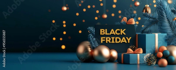 Fototapeta Colorful Black Friday decorations with gifts, ornaments, and seasonal elements create a festive shopping atmosphere.