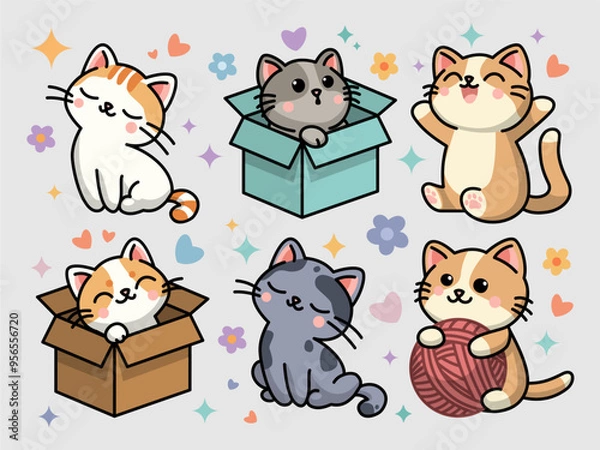 Fototapeta Cute funny cats doodle element vector set. Adorable pet illustration isolated on gray background. Kittens are sitting in boxes and playing with a ball