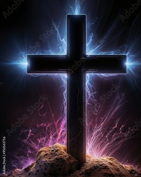 Fototapeta Illuminated Neon Cross Glowing in the Darkness With Reflective Surface. AI.