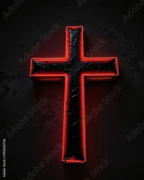 Fototapeta Illuminated Neon Cross Glowing in the Darkness With Reflective Surface. AI.