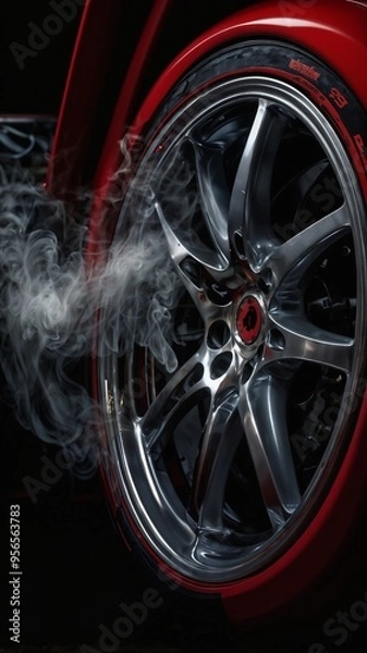 Fototapeta A sports car with a black tire is parked on a racetrack by AI generated image