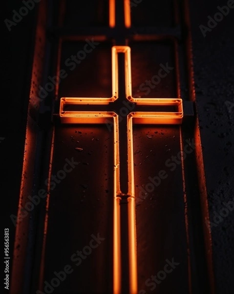 Fototapeta Illuminated Neon Cross Glowing in the Darkness With Reflective Surface. AI.