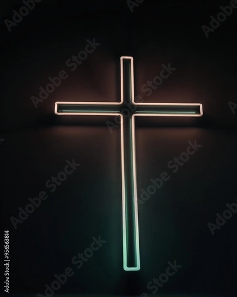 Fototapeta Illuminated Neon Cross Glowing in the Darkness With Reflective Surface. AI.
