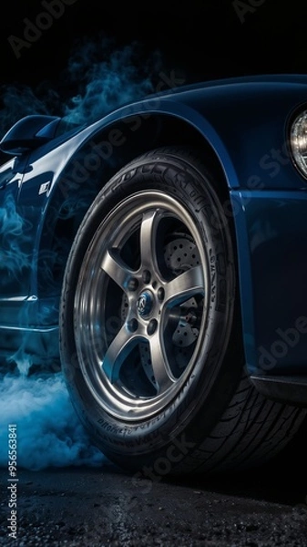 Fototapeta A sports car with a black tire is parked on a racetrack by AI generated image