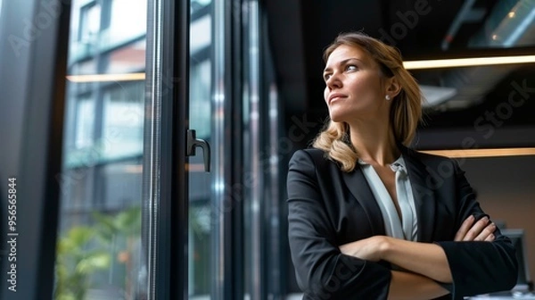 Fototapeta Thoughtful female CEO gazing out of office window, reflecting on business growth, planning future investment strategies, and brainstorming for career development inspiration in a corporate environment