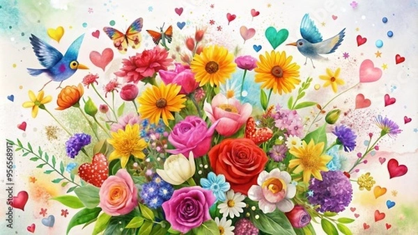 Fototapeta Vibrant colorful bouquet of fresh flowers with watercolor-style icons of hearts, stars, and birds surrounding it, on a soft white background with subtle texture.