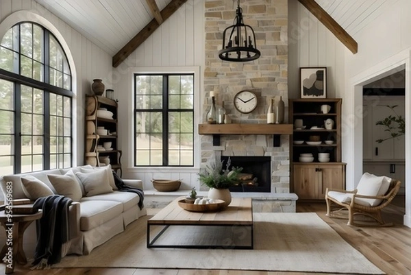 Fototapeta Modern living room, home interior design concept, comfortable sofa and armchair, cozy carpet, coffee table, and plants. Generative AI.