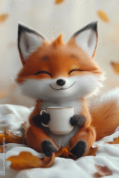 Obraz Cozy Autumn Fox with Coffee: 3D Cartoon Character